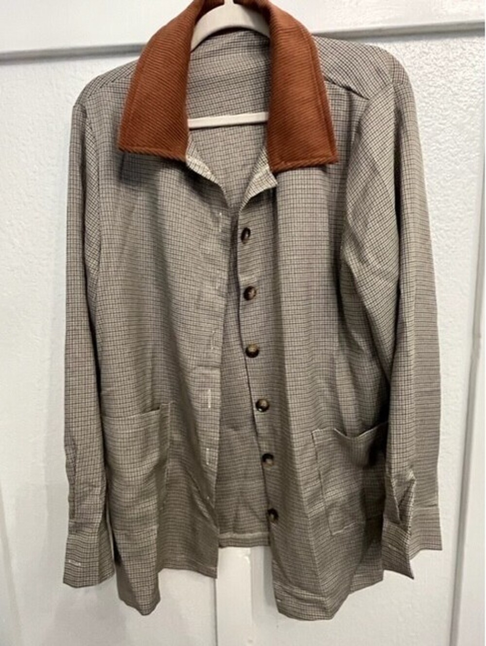 Houndstooth Light Weight Buttoned Jacket With Brown Corduroy Collar XL NWOT